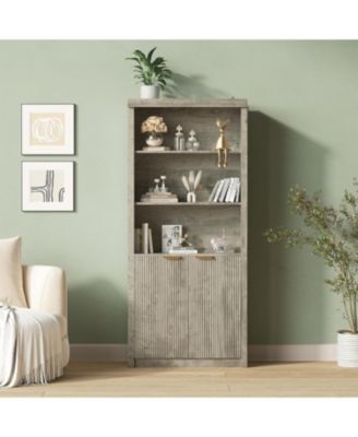 71″ Tall Bookshelf with Fluted Doors (5 tier, adjustable shelf, mid century modern style)