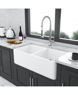 33x18x10inch White Farmhouse Sink Ceramic Porcelain Double Bowl Apron Front Kitchen