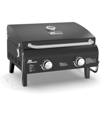 Portable 2-Burner Propane Gas Grill, Stainless Steel Tabletop BBQ with Foldable Legs, Wind-Resistant Lid, Easy-Clean, Camping