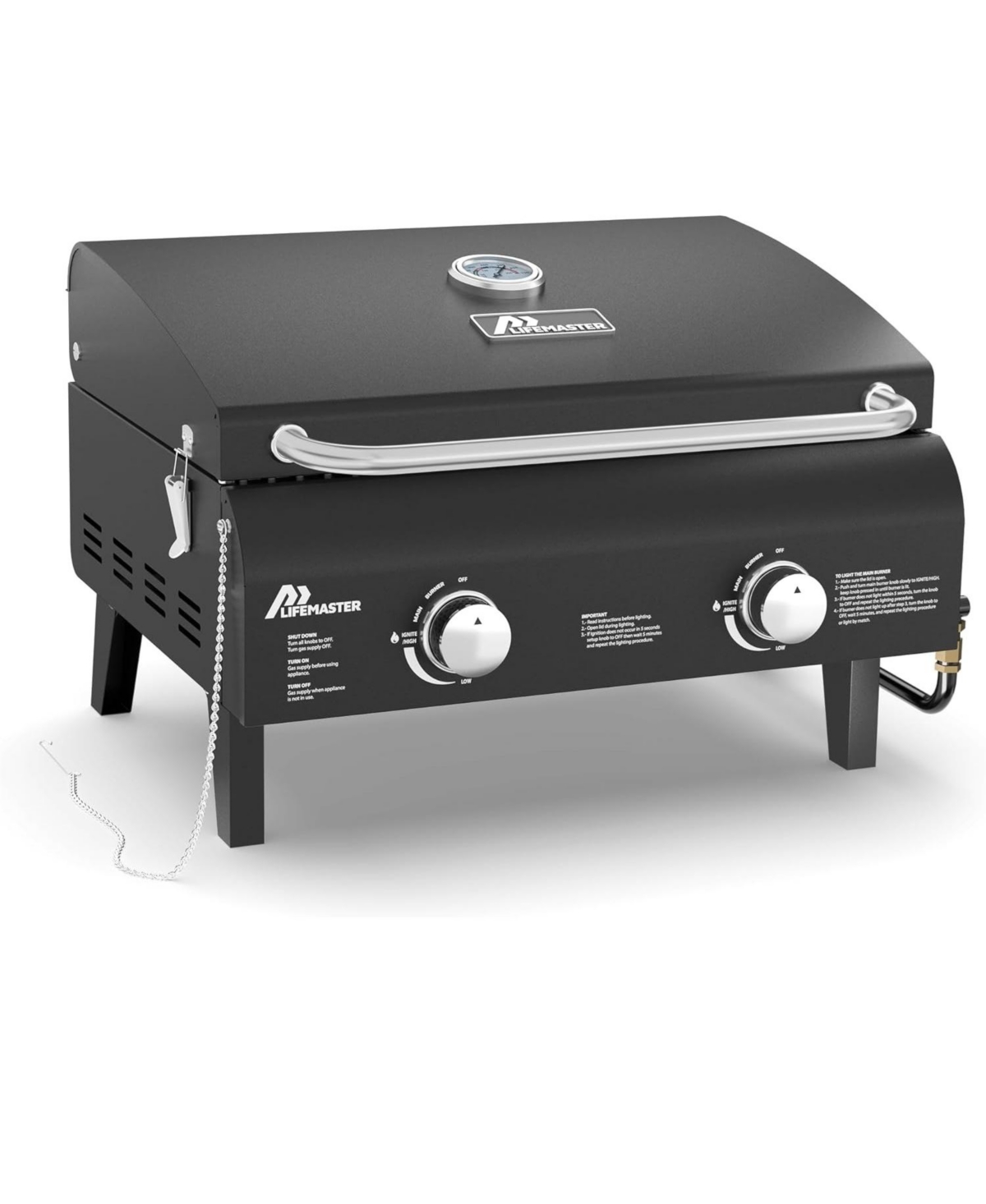 Lifemaster Portable 2-Burner Propane Gas Grill, Stainless Steel Tabletop Bbq with Foldable Legs, Wind-Resistant Lid, Easy-Clean, Camping