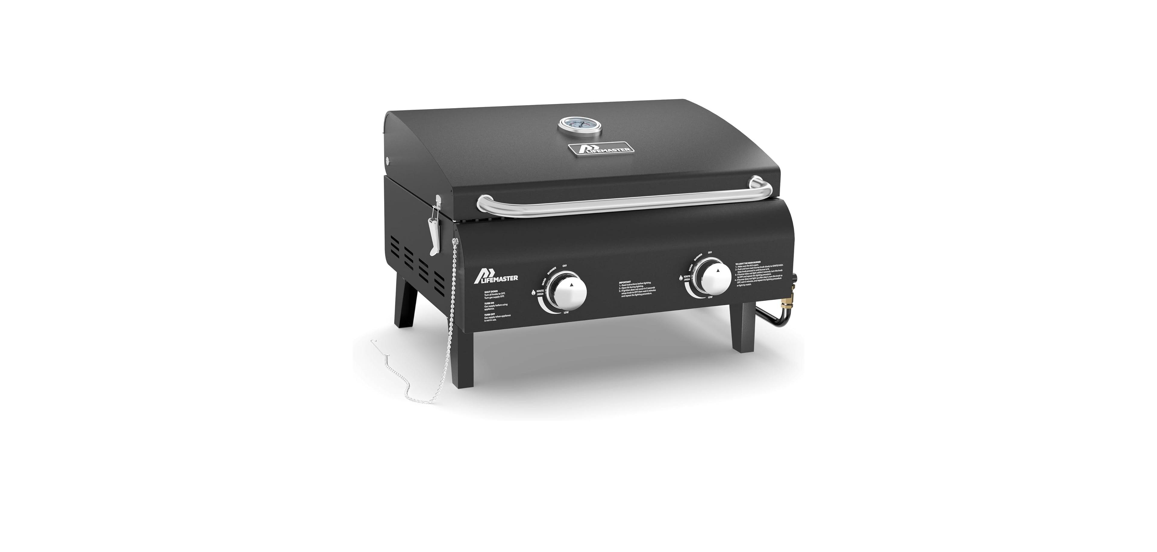 Lifemaster Portable 2-Burner Propane Gas Grill, Stainless Steel Tabletop Bbq with Foldable Legs, Wind-Resistant Lid, Easy-Clean, Camping