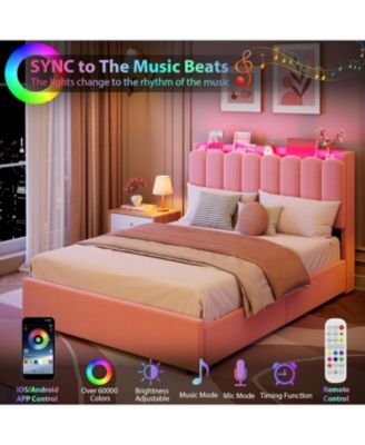 LED Twin XL Bed Frame with Storage Headboard, Boucle Upholstered Kids Bed with 2 Drawers, Wavy Bookcase Headboard