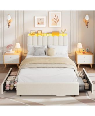 LED Twin XL Bed Frame with Storage Headboard, Boucle Upholstered Kids Bed with 2 Drawers, Wavy Bookcase Headboard - Full