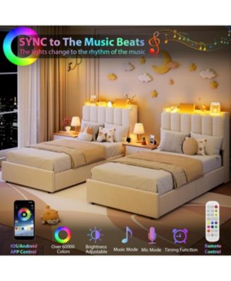 LED Twin XL Bed Frame with Storage Headboard, Boucle Upholstered Kids Bed with 2 Drawers, Wavy Bookcase Headboard