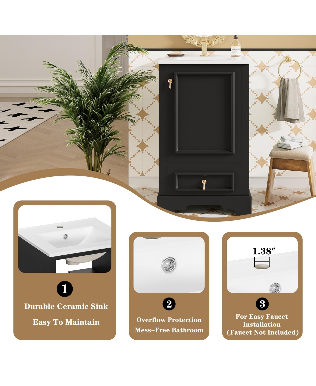 Cesicia Space-Saving 20 in. Bathroom Vanity with Ceramic Sink, Soft Close Door, Adjustable U-Shaped Shelf, Compartment Drawer and Door Storage Rack