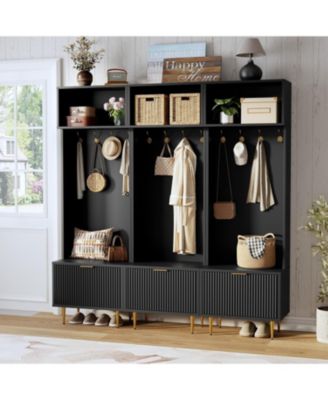 74" Hall Tree with Bench and Storage, Entryway Coat Rack with Shoe Bench and Hooks, Metal Legs