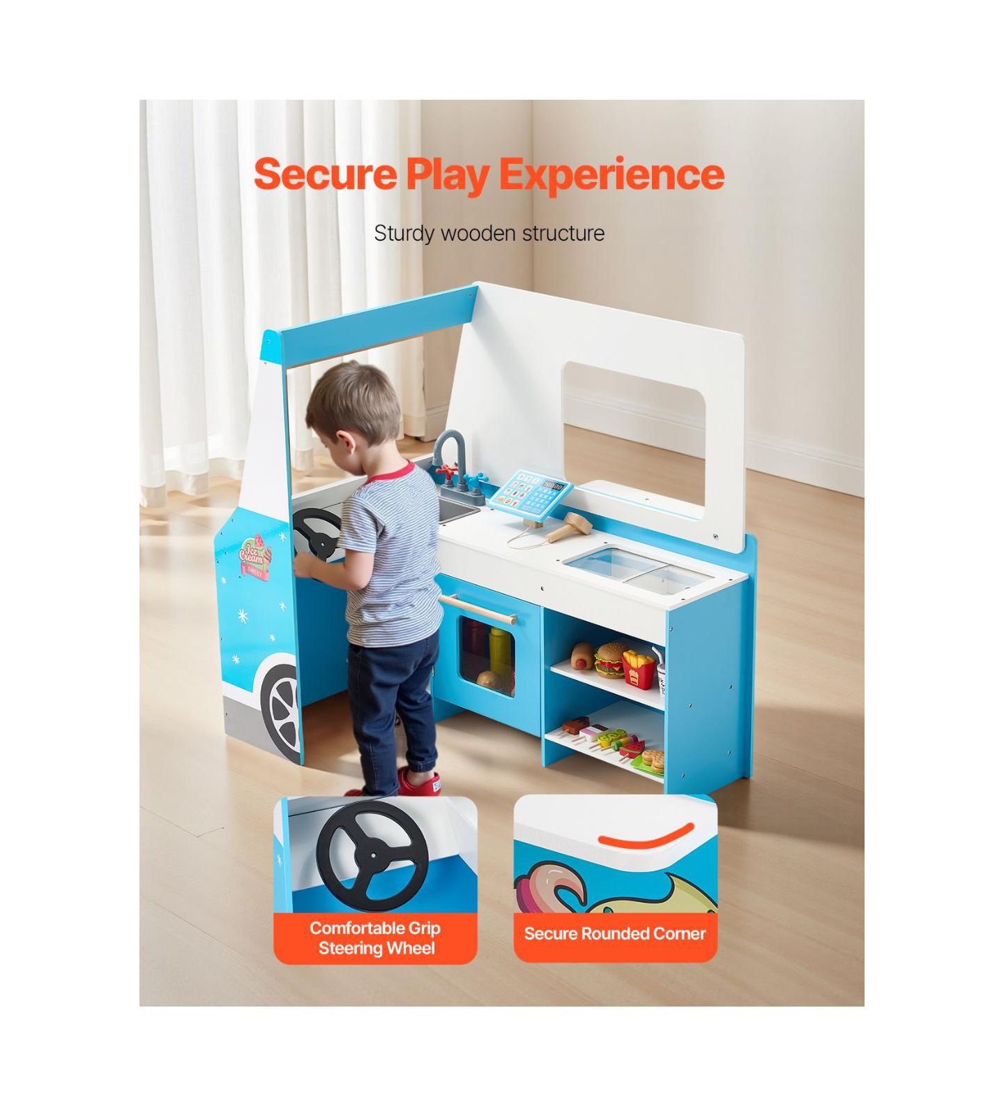 Детский игровой набор Slickblue Ice Cream Cart Steering Wheel & Chalkboard 20+ Piece Playset, от 3 лет, цвет: Синий — фото 4