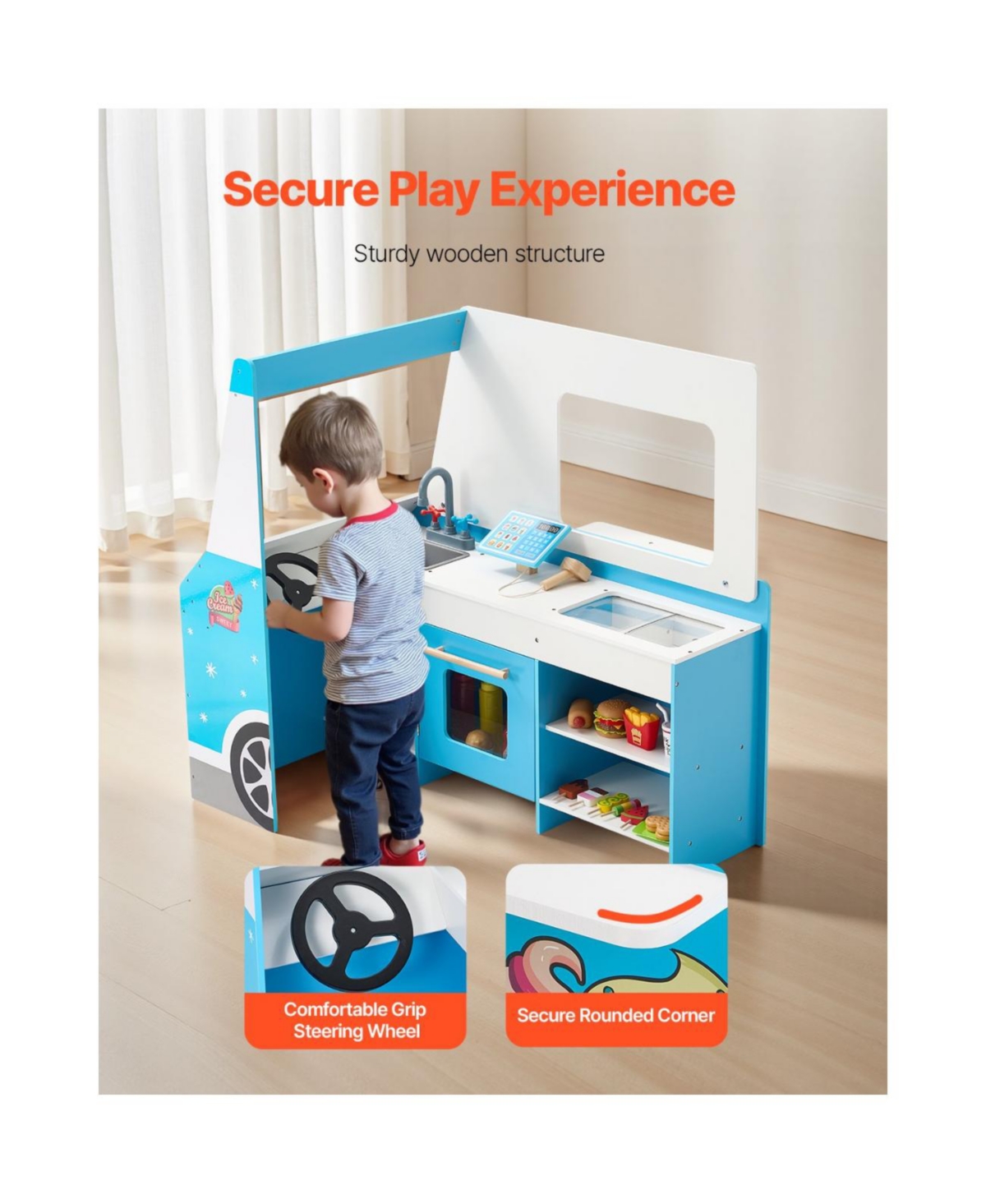 Slickblue Ice Cream Cart for Kids, 20+ Pcs Ice Cream Truck Wooden Playset, Pretend Play Stand with Steering Wheel & Chalkboard