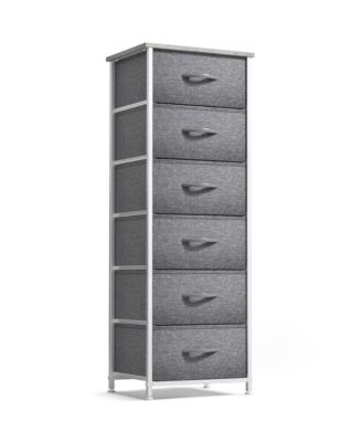 Narrow 6 Drawers Nightstand with Steel Frame, Wood Top, Easy Pull Fabric Bins