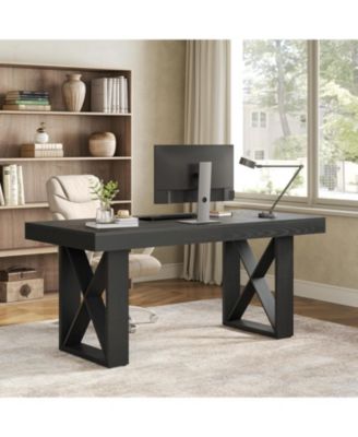 63-Inch Computer Desk, Simple Thick Appearance, Study Gaming Writing Work Executive Desk for Home, Yellowish Brown