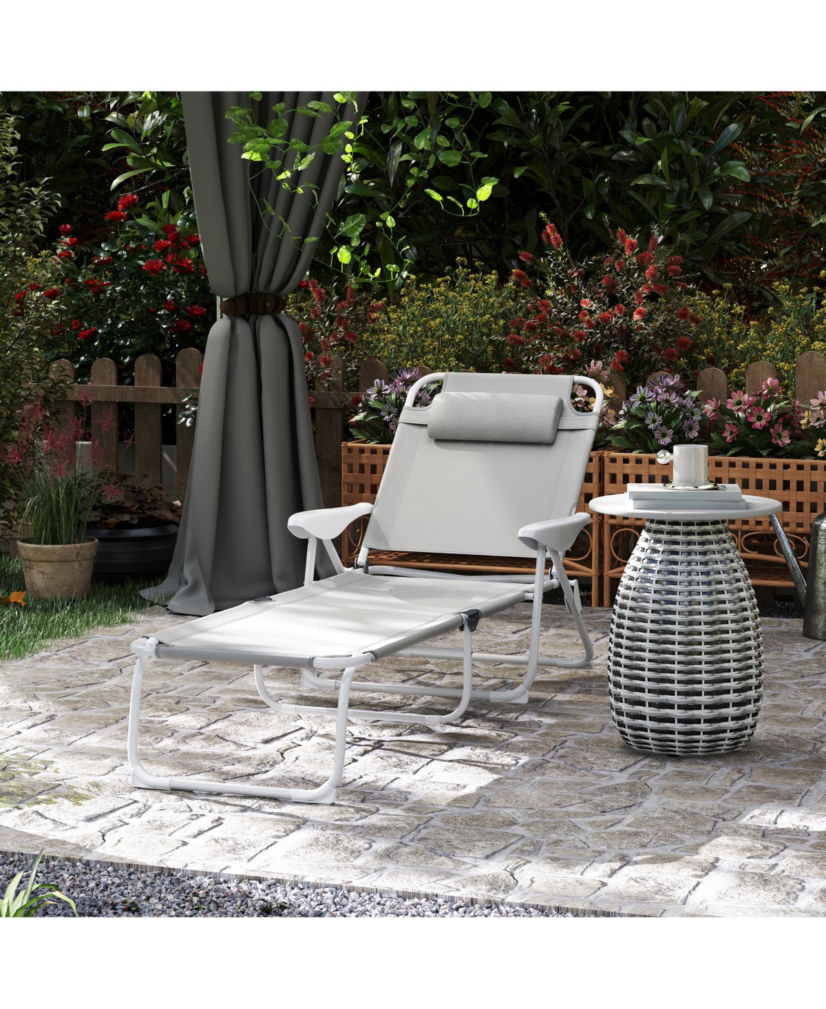 Outsunny Folding Chaise Lounge, Outdoor Sun Tanning Chair, Four-Position Reclining Back, Armrests, Iron Frame & Mesh Fabric for Beach, Yard, Patio, Bl