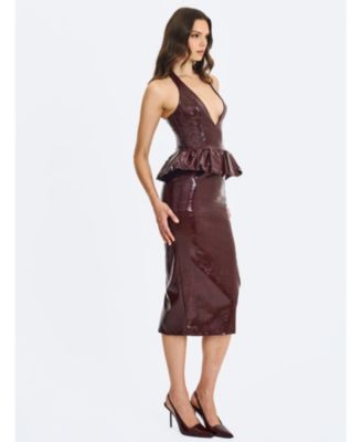 Women's Jaslene Mahogany Ruched Peplum Plunge Halter Midi Dress