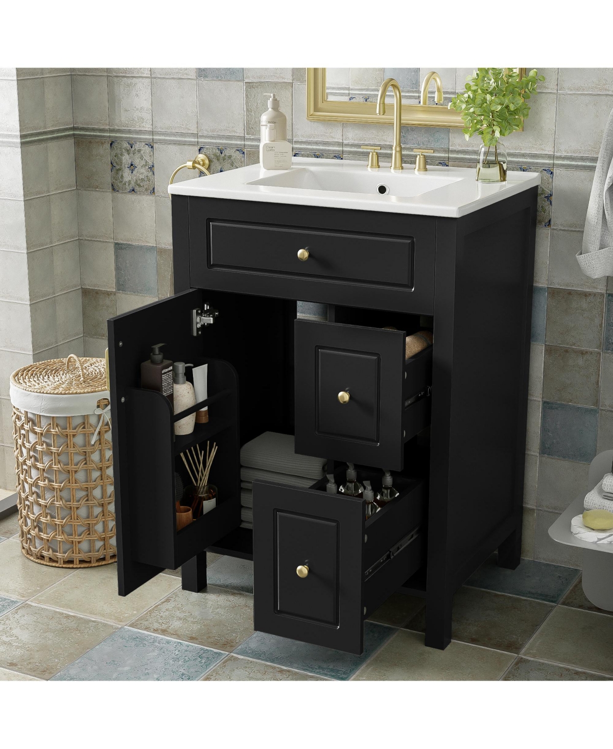 Cesicia 24 in. Bathroom Vanity with Ceramic Sink, Soft Close Door, Drawers and Double Storage Racks on the Door