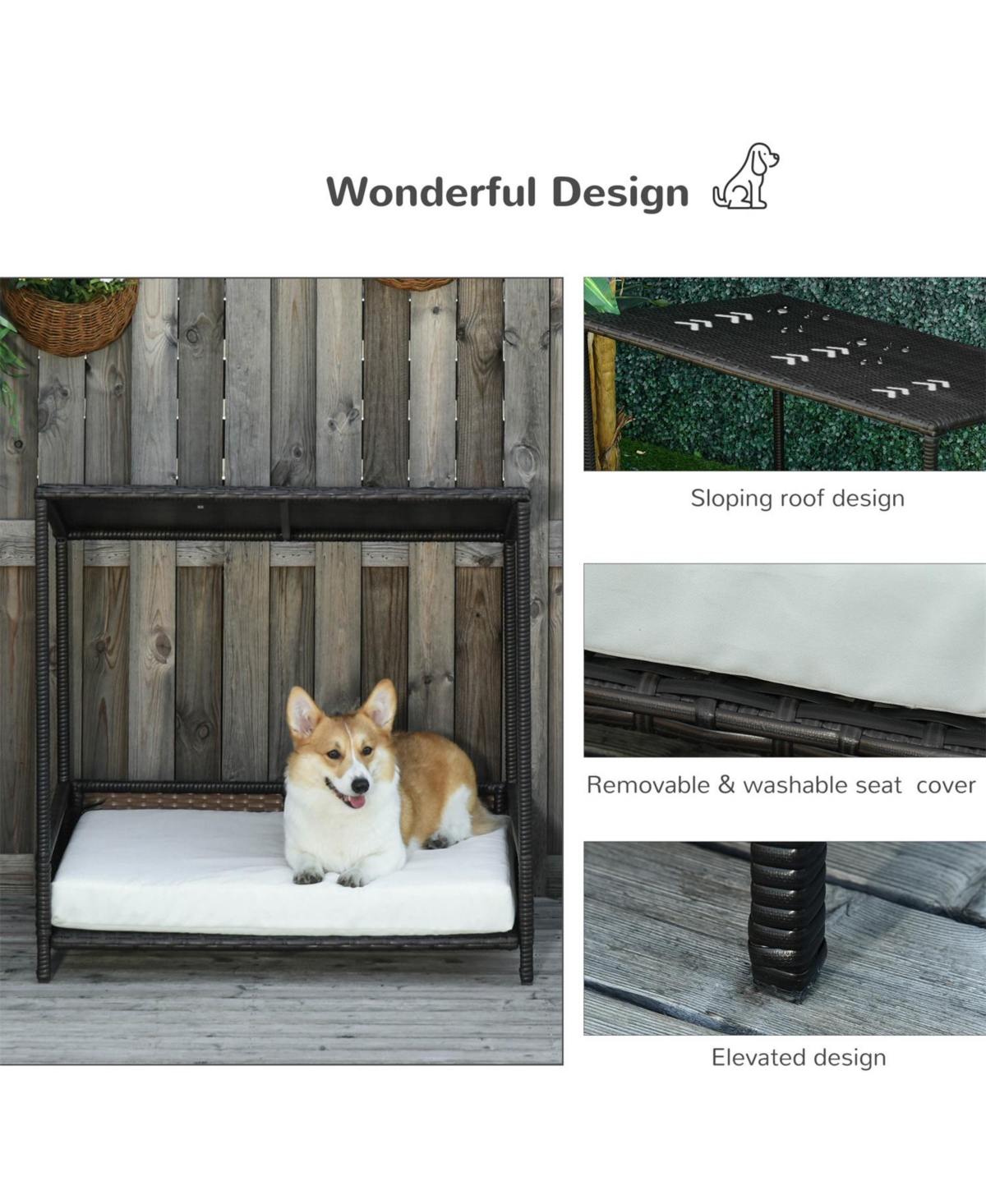 Aostirmotor Dog House Raised Rattan Puppy Bed in Brown