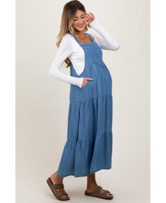 Women's Blue Chambray Overall Tiered Maternity Midi Dress