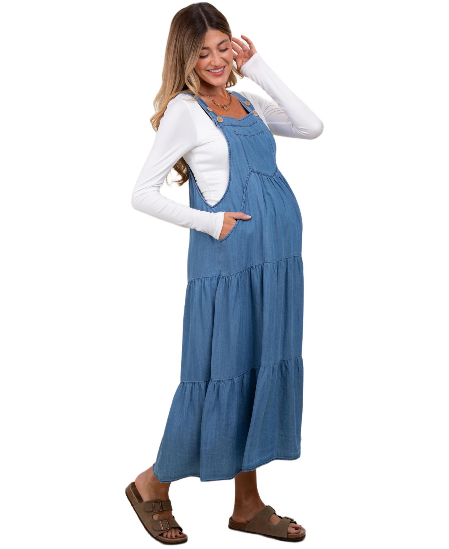 Women's Blue Chambray Overall Tiered Midi Dress