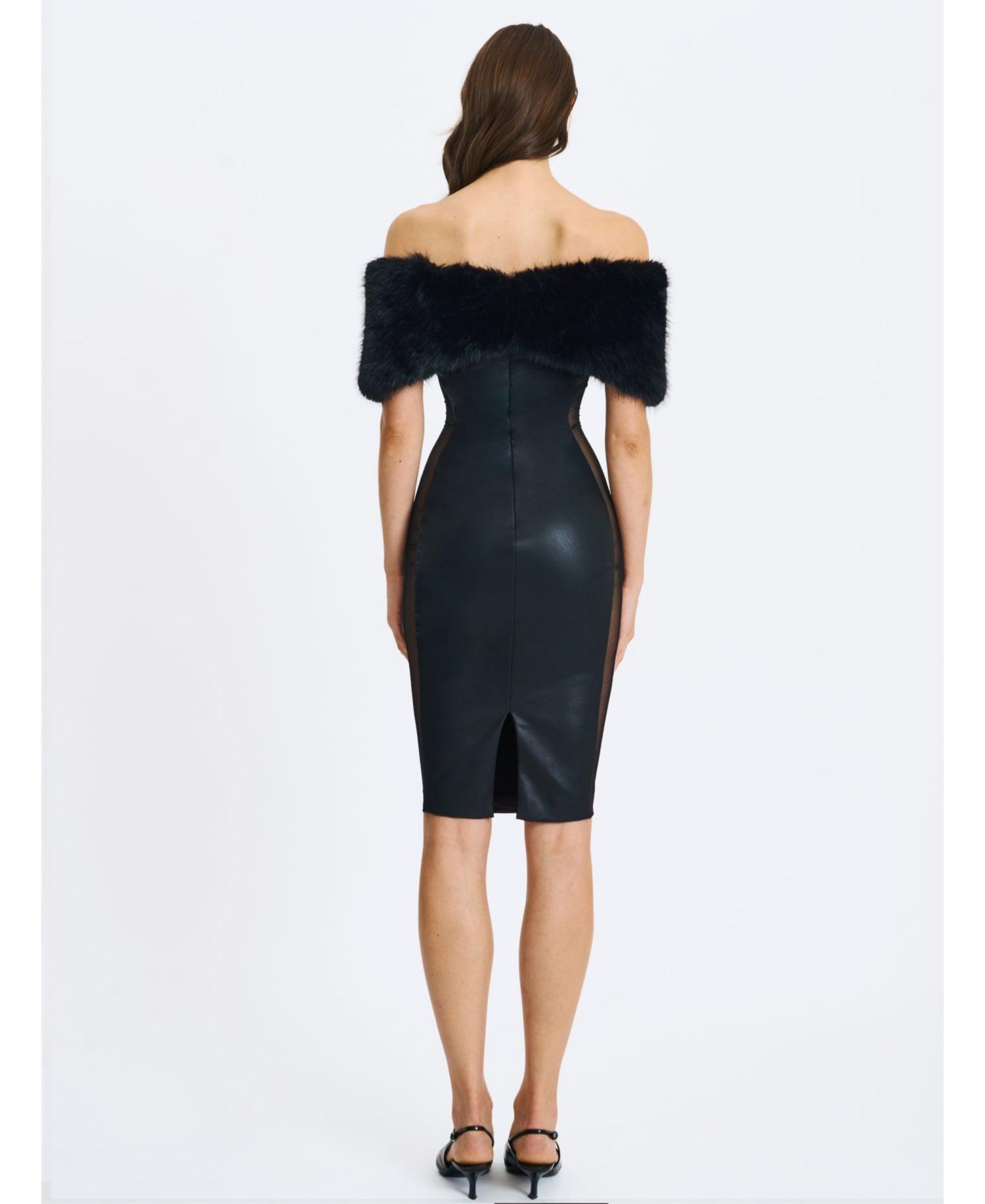 Women Bellis Black Fur Trim Mesh Panel Off-Shoulder Midi Dress