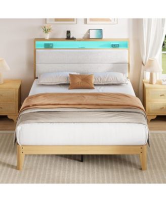 Boucle Upholstered Bed Frame with LED & Charging Station, Solid Wood Slats, No Box Spring Needed - Full
