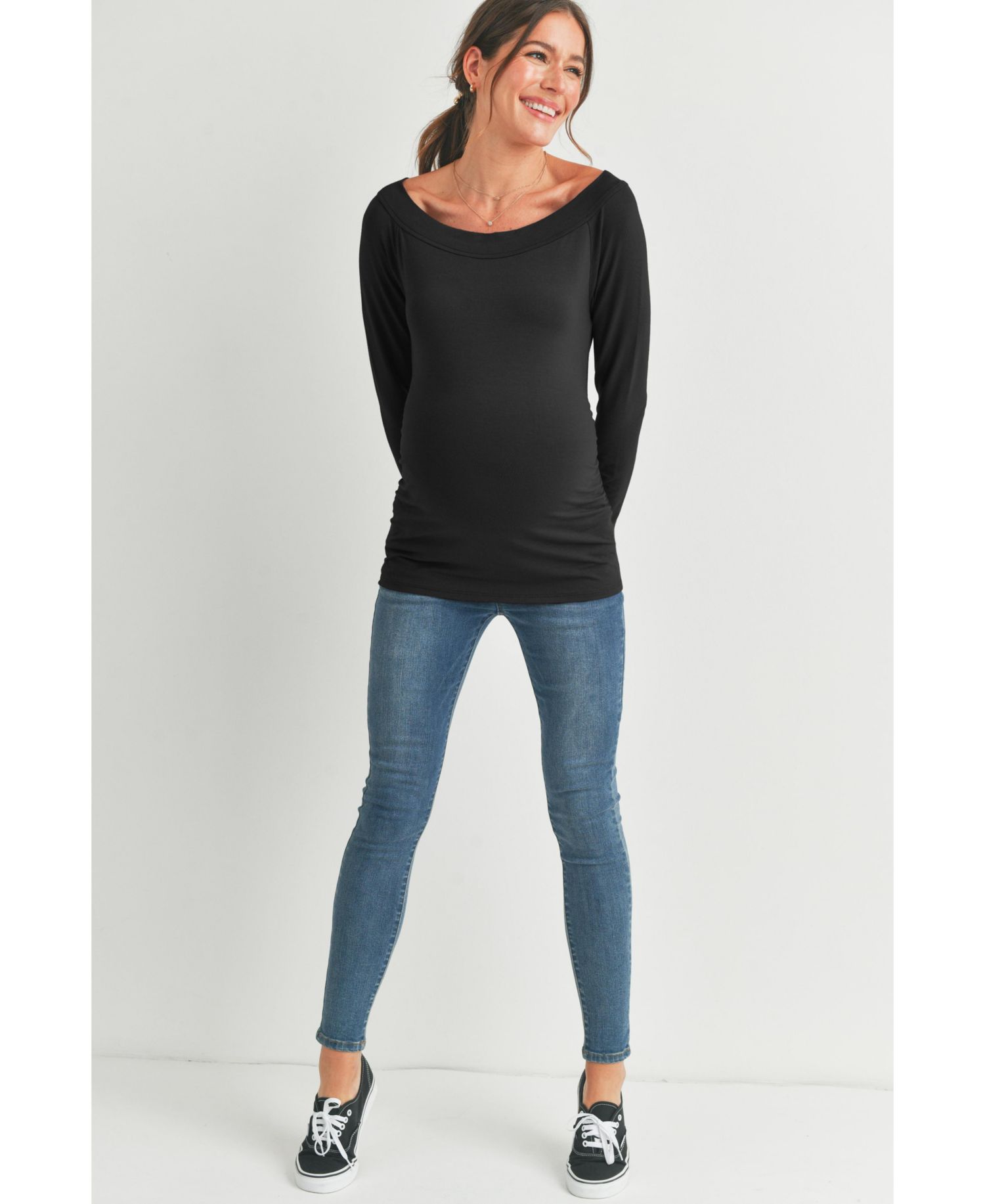 Maternity Ruched Long Sleeve Boat Neck Top