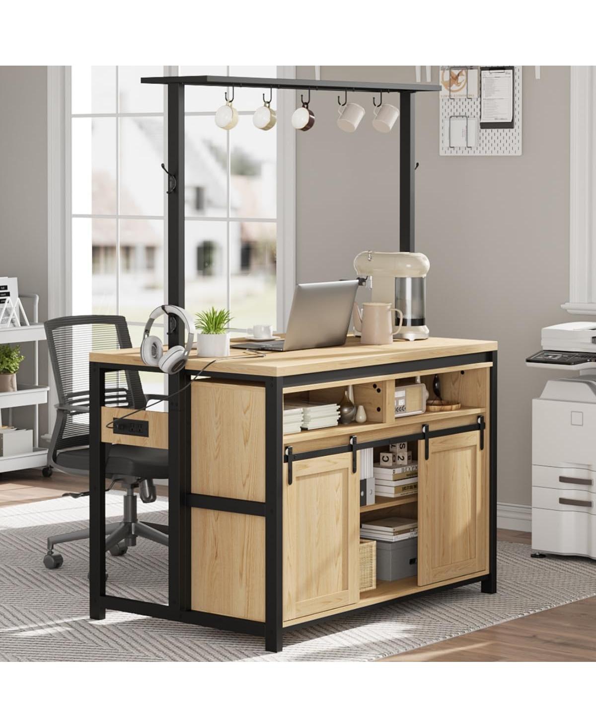 gaomon 42" Kitchen Island with Power Outlet, Rustic Wood Coffee Bar, Sliding Barn Door, 9 Hooks, Open Shelves & Mobile Storage Cabinet