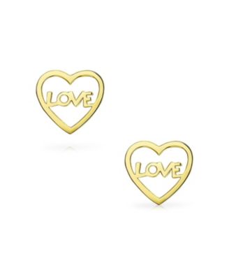 Tiny Minimalist 14K Gold Word LOVE Heart Shape Stud Earring Secure Screwback