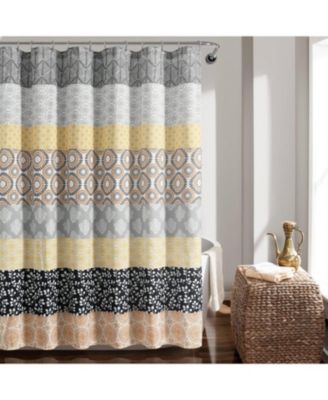 72-Yellow Black White Grey Floral Damask Boho Polyester Shower Curtain