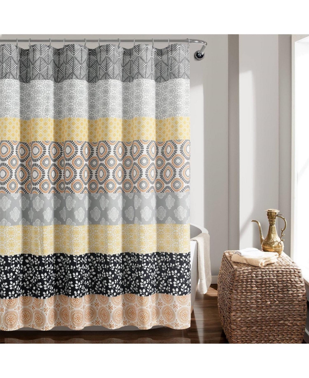 Slickblue 72-Yellow Black White Grey Floral Damask Boho Polyester Shower Curtain