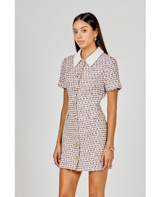 Women's Multi Tweed Collared Short Sleeve Dress