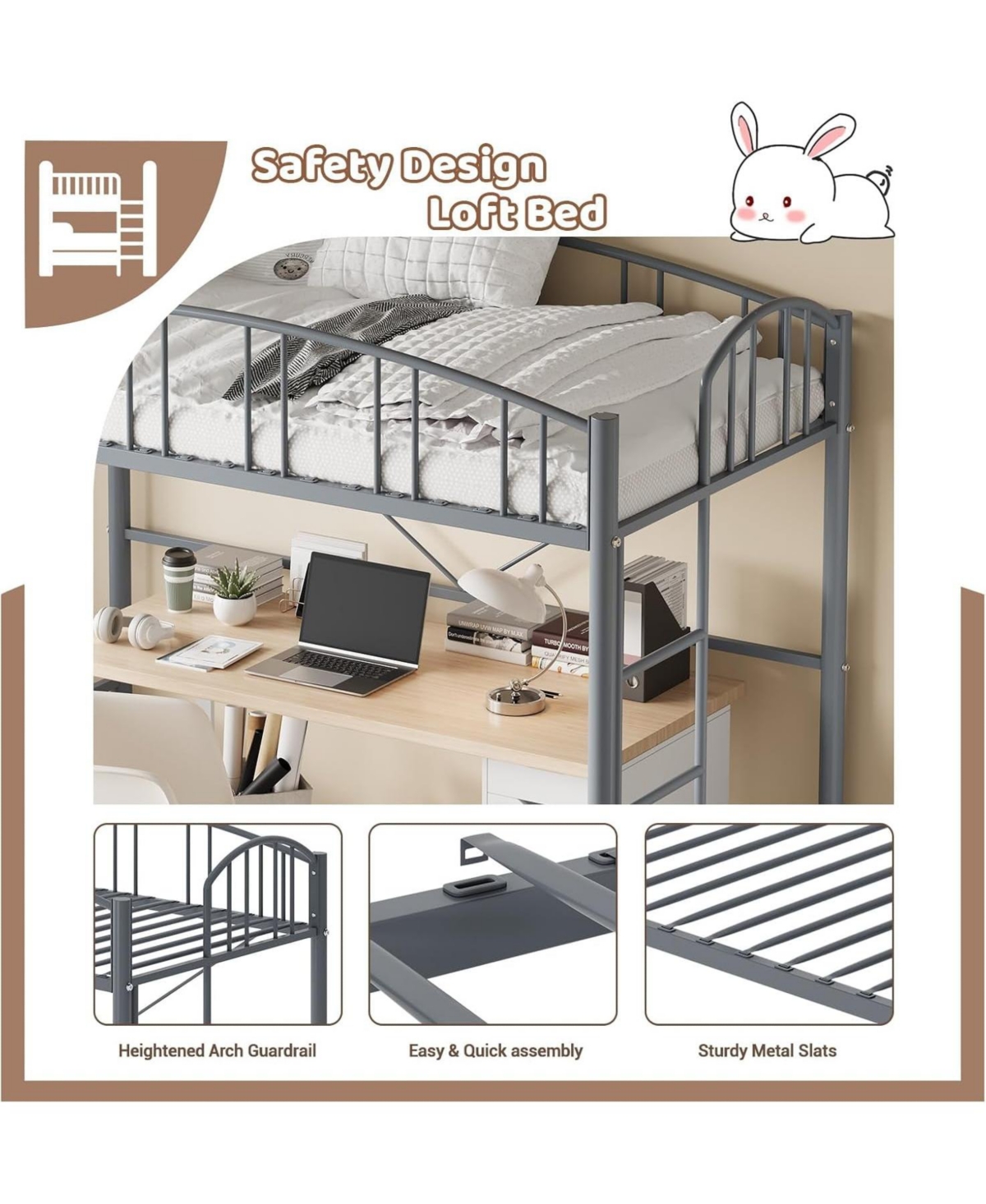 gaomon Easy Assembly Twin Loft Bed – Heavy Duty Metal Frame Space Saving, for Living Room, Guest Room