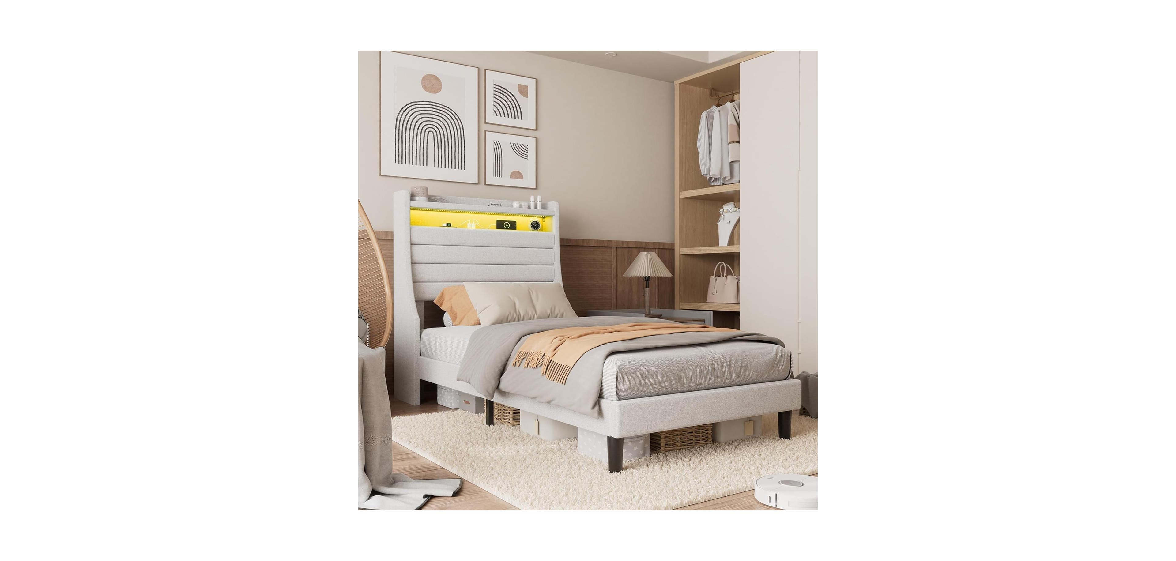 gaomon Easy Assembly Twin Size Bed Frame Storage Headboard Space Saving, for Living Room