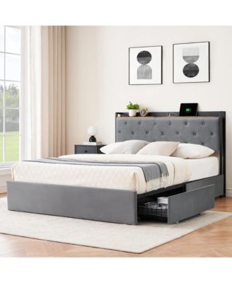 Easy Assembly Queen Size Upholstered Platform Bed Frame Space Saving, for Living Room, Guest Room
