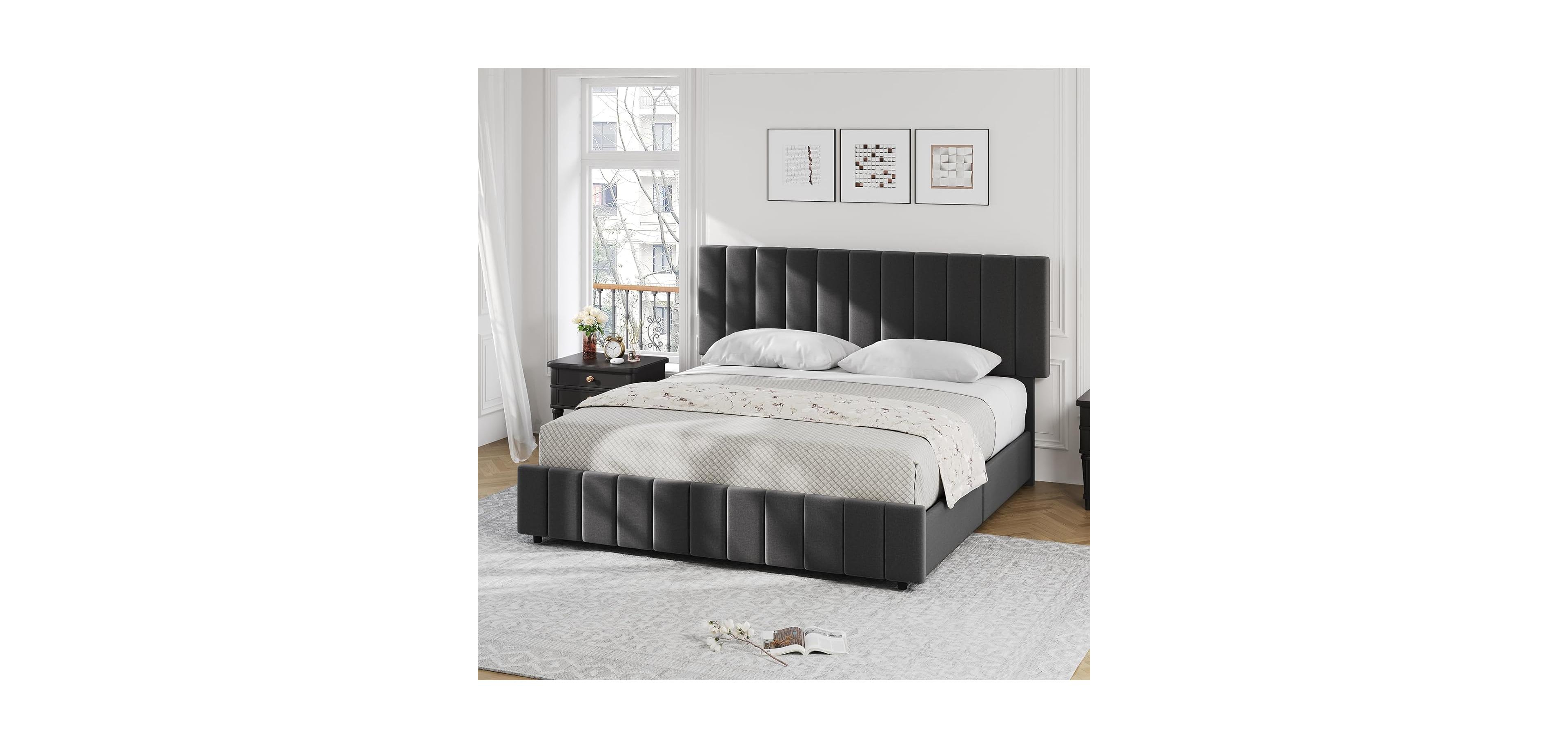 gaomon Easy Assembly King Size Upholstered Bed Frame Space Saving, for Living Room, Guest Room