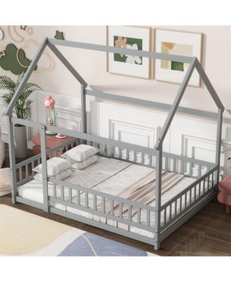 Full Size House Floor Bed with Roof Frame & Safety Guardrails Wooden Play Bed for Kids and Teens
