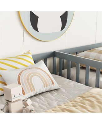 Double Twin Floor Bed with Safety Fence Low Profile Shared Sleeping Bed for Kids No Door Design