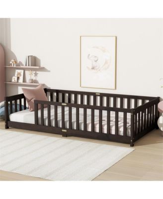 Twin Size Floor Bed with Safety Fence Rubber Wood Kids Bed for Toddler Room & Play Space