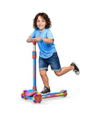 3-Wheel Kids Scooter, Blue Red, with multi-color LED lights, 5-height adjustable handlebar, wide anti-slip deck, safety certified.