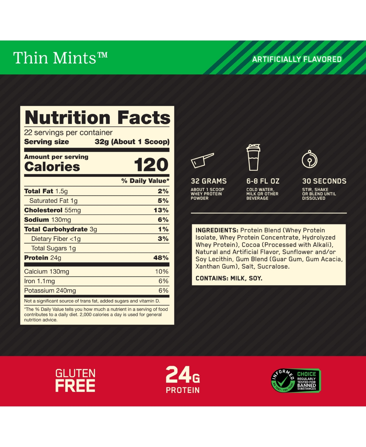 Optimum Nutrition Gold Standard 100% Whey Protein Thin Mints Protein Powder Drink Mix 24.8 oz