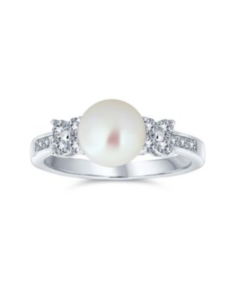 Classic White Culture Pearl Cocktail Ring CZ Side Accent Band Silver Plated