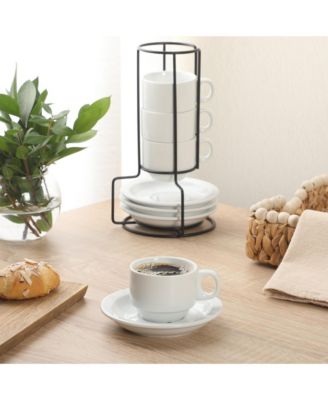 Gracious Dining 3-Ounce Espresso Cups Set of 4, Small Stackable Coffee Cups with 4 Saucers, Metal Stand, Ceramic Demitasse Mugs