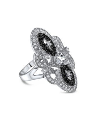 Art Deco Black White CZ Filigree Statement Full Finger Ring Silver Plated