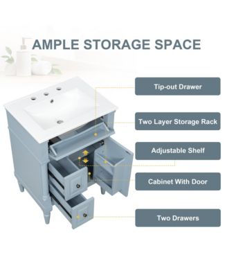 24 in. Freestanding Bathroom Vanity with Sink, Flip Drawer, Adjustable Shelf, Solid Rubberwood Frame, MDF Panels and Metal Handles