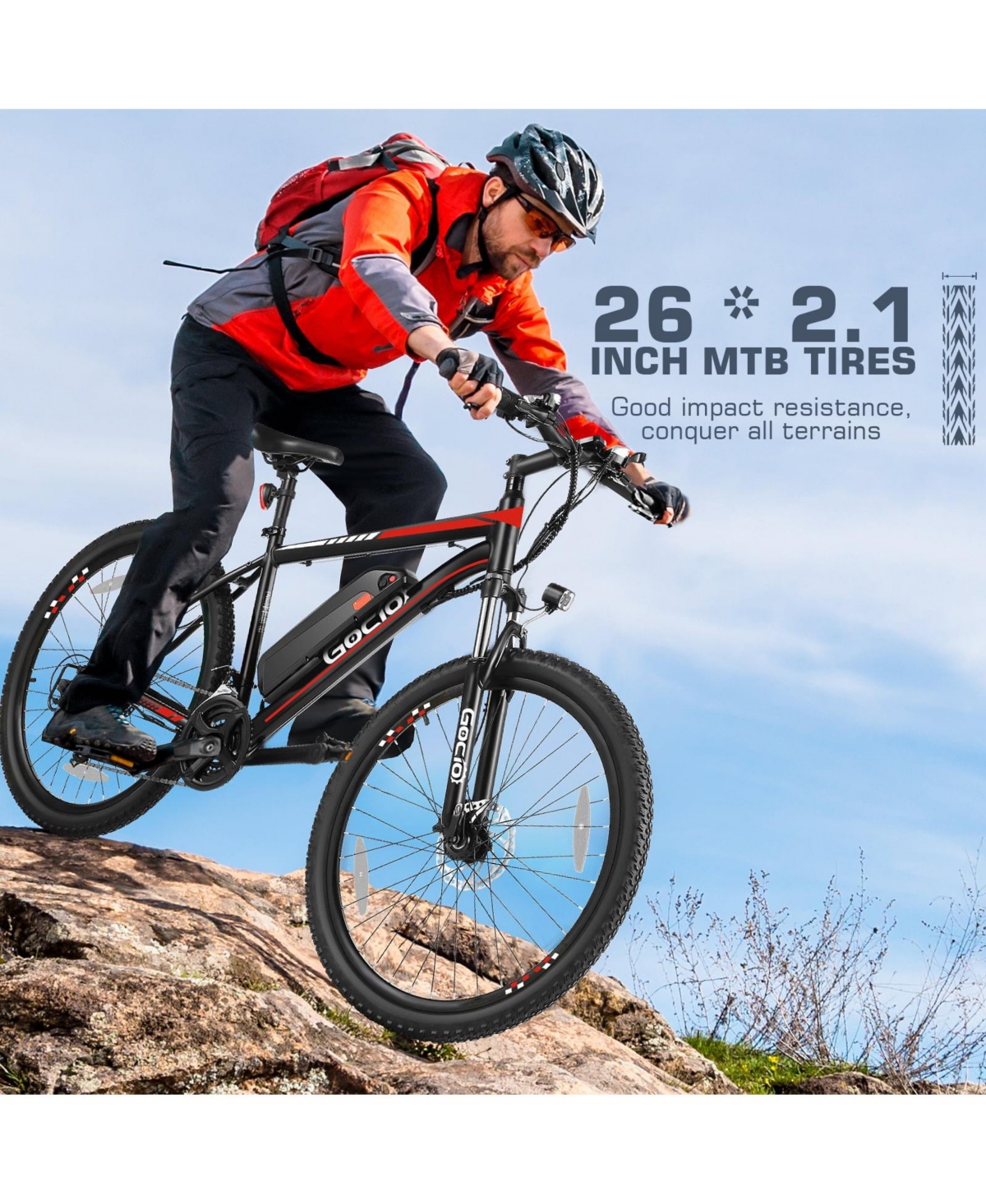 Gocio 500W 26" Electric Mountain Bike Adults 499Wh 48V 10.4Ah Battery 19.8MPH 3H Charge Lcd Display Shimano 21 Speed UL2849 Certified