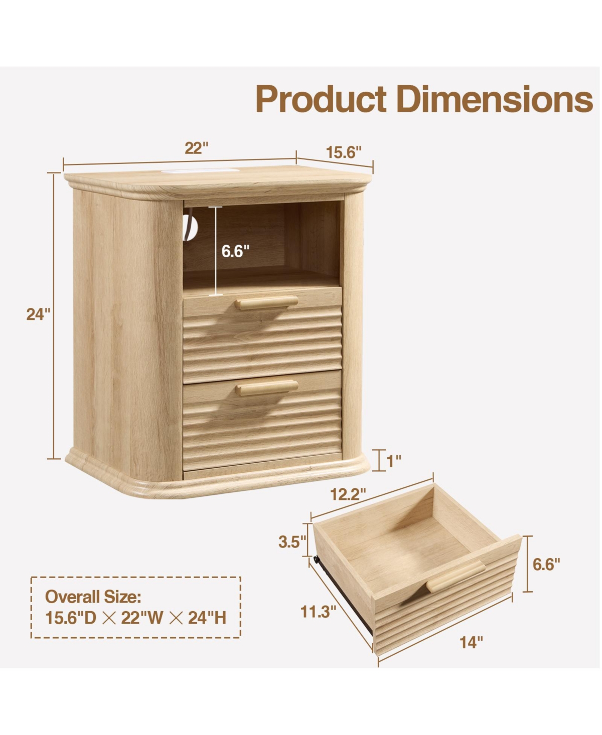 Cesicia Fluted 22 in. Nightstand with Charging Station, 2 Drawers & Open Storage for Bedroom or Living Room