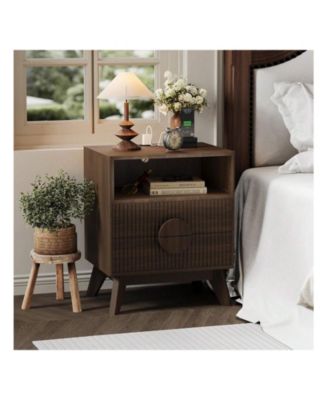2PCS Fluted Night Stand Wood Tall Nightstands With Charging Station USB Ports And Outlets Nightstand Bedside Table