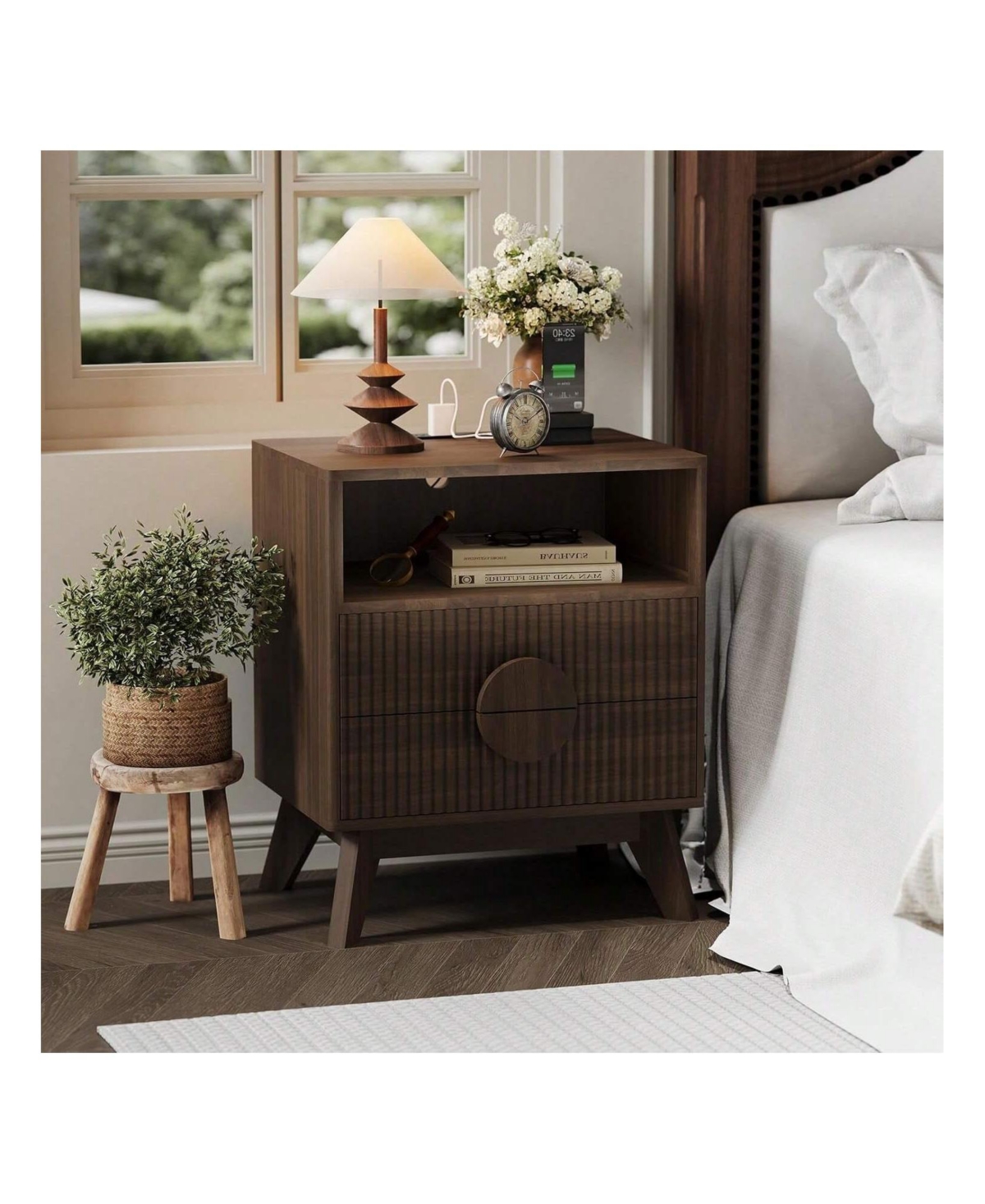 gaomon 2PCS Fluted Night Stand Wood Tall Nightstands With Charging Station Usb Ports And Outlets Nightstand Bedside Table