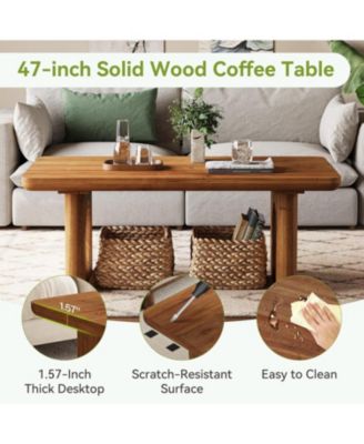 Solid Wood Coffee Table, Modern Farmhouse Coffee Table with Thick Tabletop, Rectangle Center Table