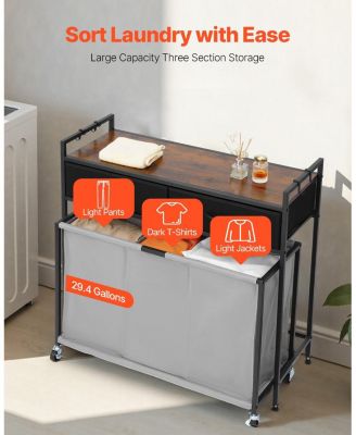 3-Section Laundry Sorter, Rolling Hamper with Wood Top, 2 Drawers, Hooks & Wheels, Pull-Out Bags, Bathroom Organizer