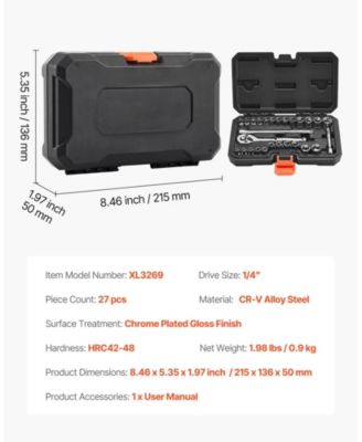 27-Pc 1/4" Socket & Ratchet Set, SAE/Metric, CR-V Steel, Case Included.