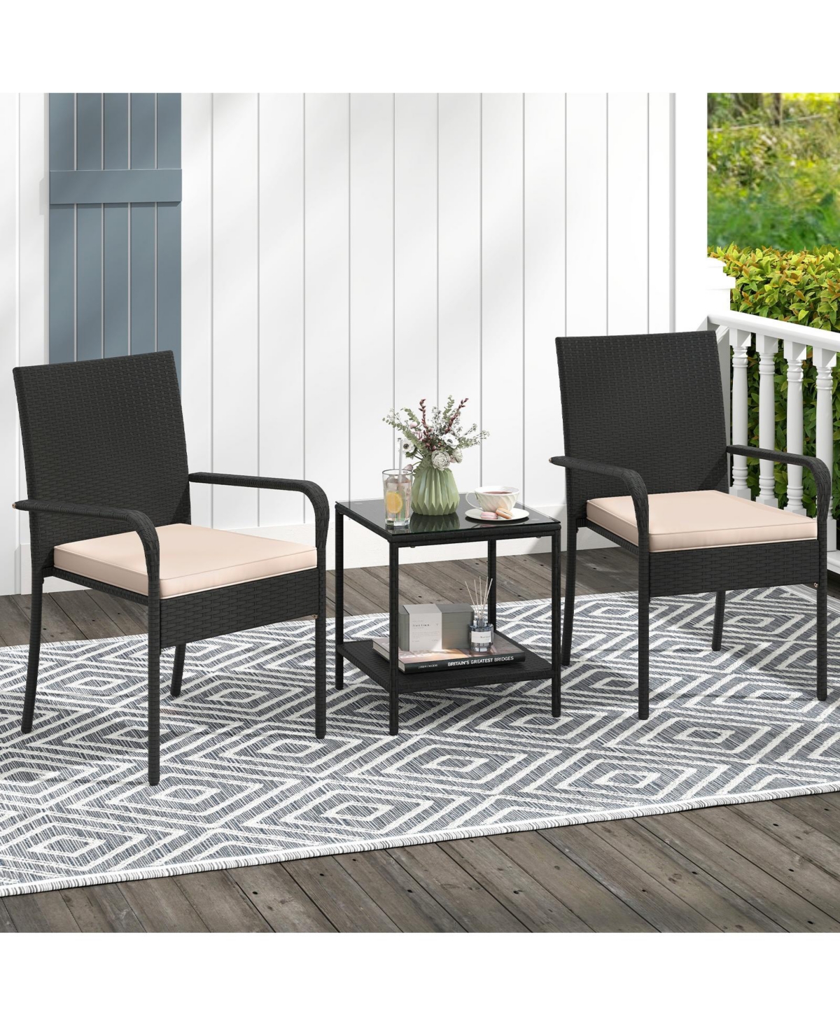 Slickblue 3PCS Patio Set with Cushions and Glass Table for Outdoor Use