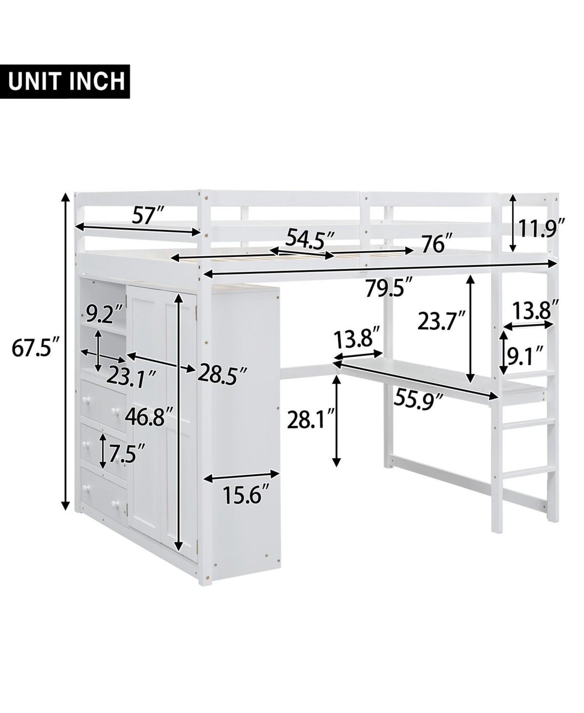 Boyel Living Wood Full Loft Bed with Built-in Wardrobe, Desk, Storage Shelves and Drawers